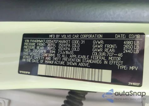 2018 Volvo V60 Cross Country T5 z USA, uszkodzony, nr VIN YV440MWK7J2054707